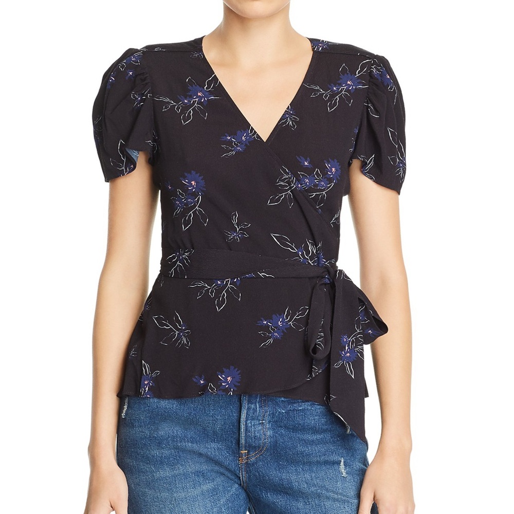Parker Hara Floral Wrap Top - Black and blue blouse with v-neck and puff sleeves